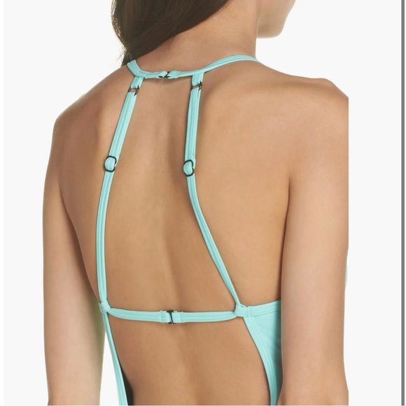 Zella Teal One Piece Swimsuit Small High Neck Crossback Athletic Shelf Bra - Picture 3 of 15